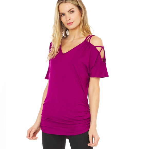 Cold Shoulder Asymmetrical Ruched Short Sleeve T-shirt multiple colors & sizes - Picture 2 of 11